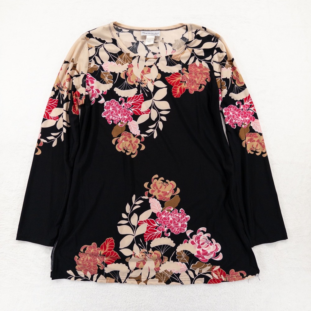 NorthStyle Womens Tunic Top Medium Black Pink Beige Floral Long Sleeve Stretch